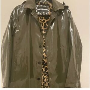 Jane Post Glossy Green Trench Coat with Animal Print Lining